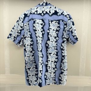 Cherokee Mens Medium Hawaiian Blue Floral Striped Camp Waikiki Shirt Tropical